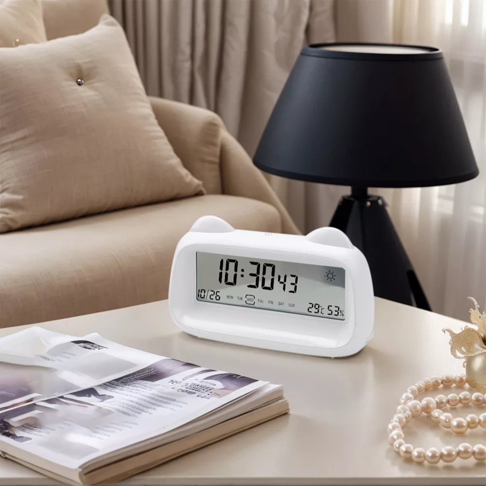 Cartoon Cat Ear LCD Digital Alarm Clock with Temperature Humidity Display